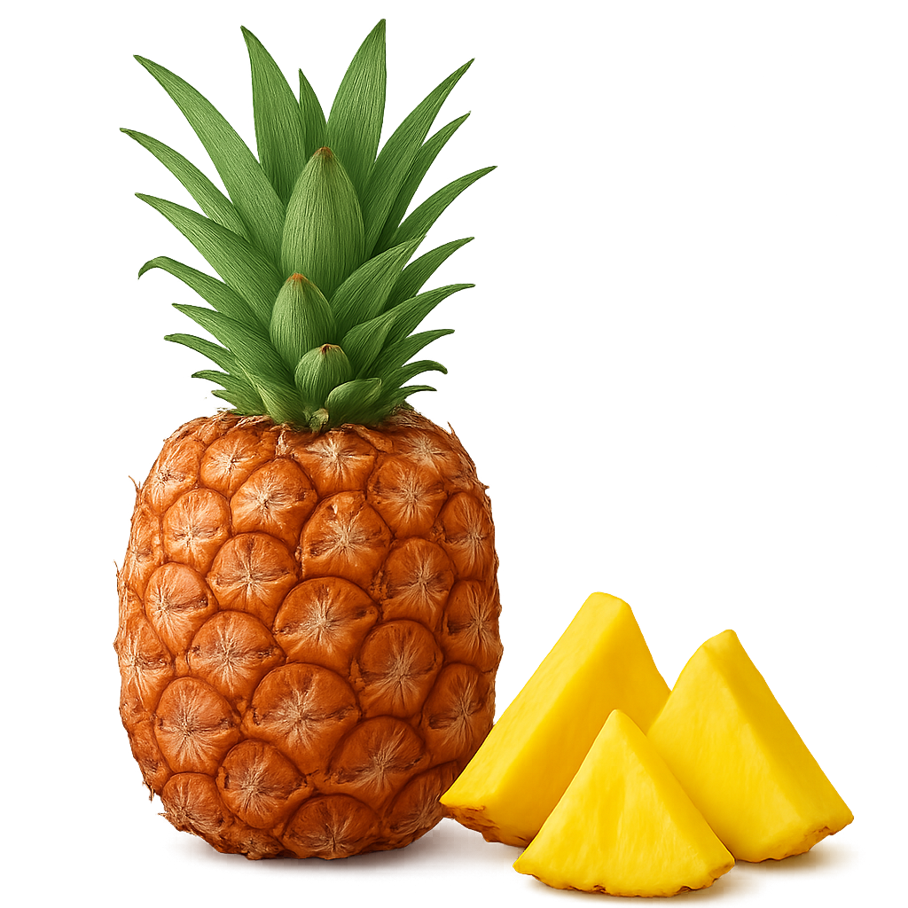 Ganze Ananas mit grünem Schopf, daneben drei frische Ananasstücke in Keilform.