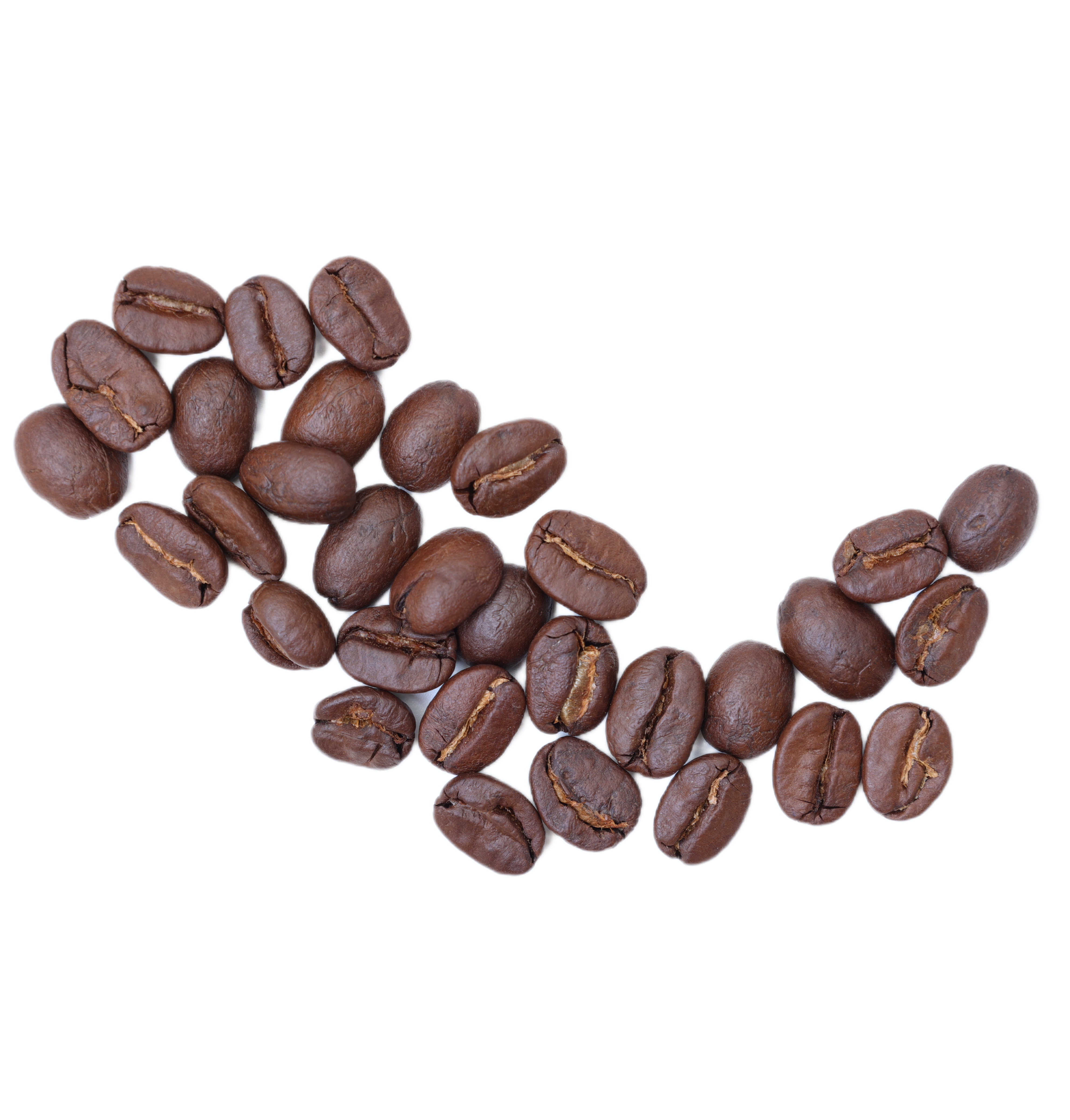 Kaffeebohnen liegen in Form eines geschwungenen Musters auf weißem Hintergrund.