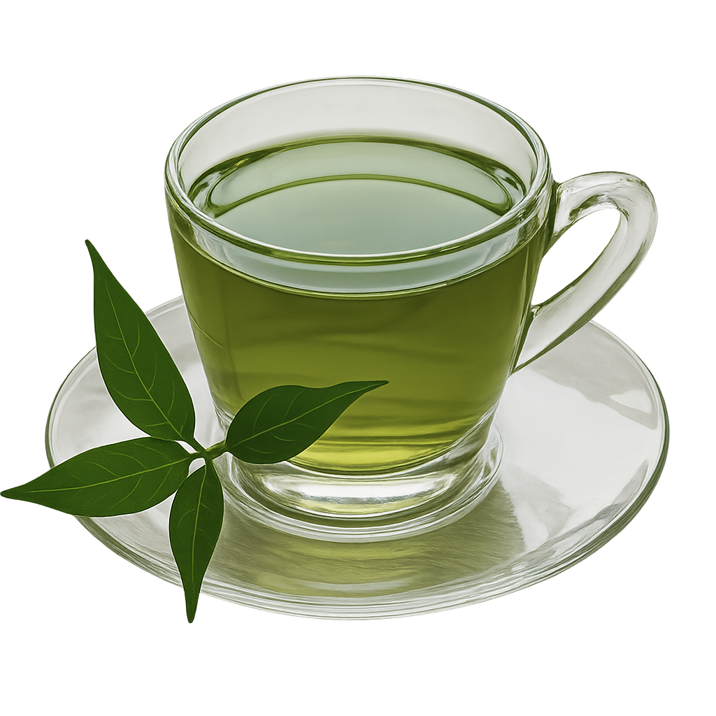 Glas mit grünem Tee auf Untertasse, daneben drei frische grüne Teeblätter.