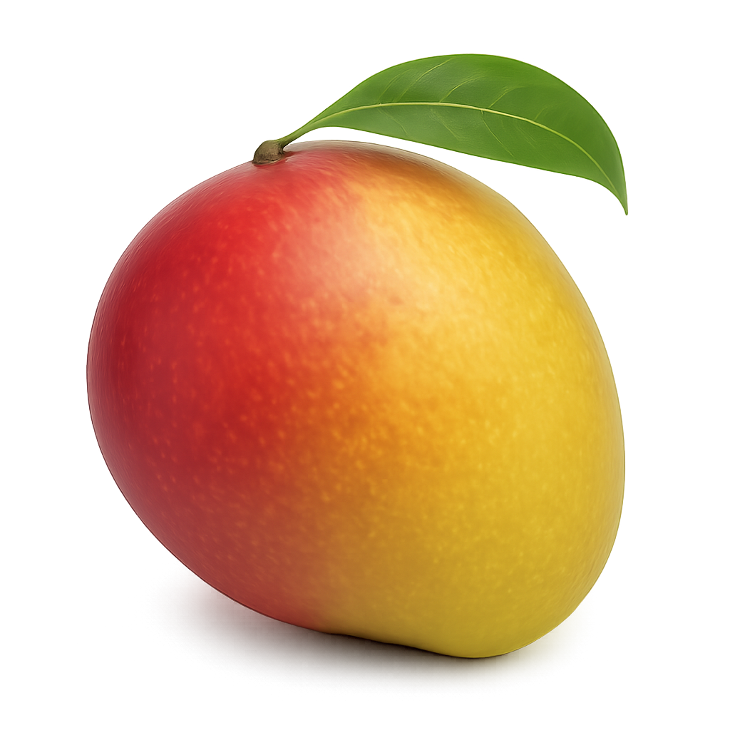 Reife Mango mit gelb-roter Schale und grünem Blatt.