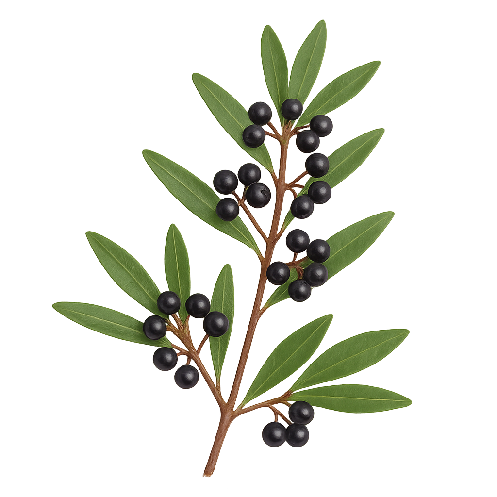Zweig der Tasmanischen Bergpfefferpflanze mit länglichen grünen Blättern und kleinen runden schwarzen Beeren.