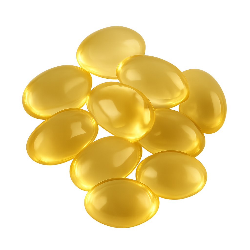 Mehrere goldgelbe, ovale Vitamin-F-Kapseln mit glatter, glänzender Oberfläche.