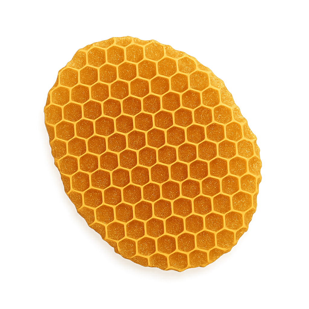 Nahaufnahme einer runden Bienenwabe mit sechseckiger Wabenstruktur.