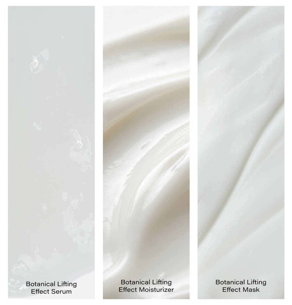 Texturvergleich der Botanical Lifting Linie von Rosental Organics: Gel-Serum, Moisturizer-Creme und Mask